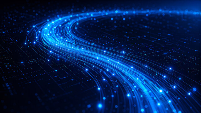 Bright blue fiber optic lines representing fast data transfer technology