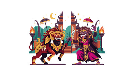 Obraz premium Barong and Rangda mythological battle in Balinese temple.