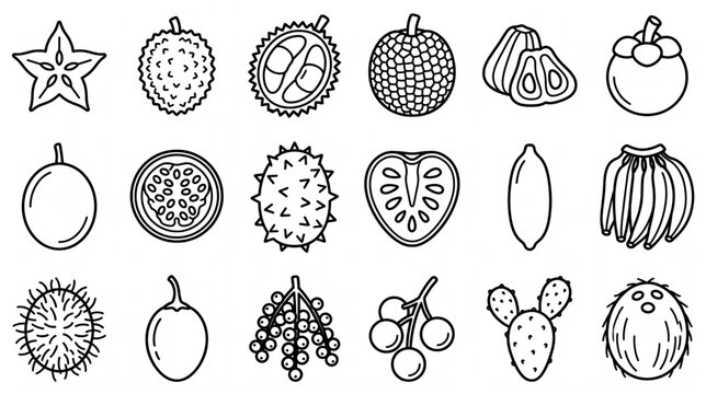 Exotic and Tropical Fruits Minimal Line Art Icon Set with Starfruit, Durian, Passion Fruit, Rambutan, Mangosteen, Tamarillo, and Coconut Vector Illustration