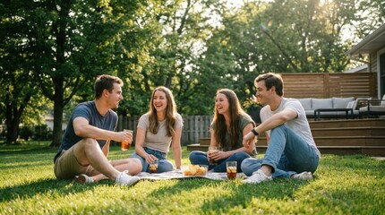 Naklejka premium Group of friends enjoying a picnic in a sunny park.