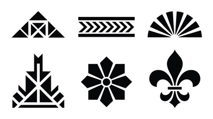 Set of six decorative black and white design elements featuring geometric shapes, sunburst, floral patterns, and classic fleur de lis. © ALBART