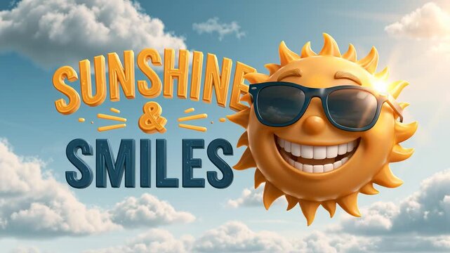 Detailed 3D cartoon smiling sun wearing sunglasses with fluffy animated clouds drifting around. Colorful &ldquo;SUNSHINE & SMILES&rdquo; typography creates a playful summer atmosphere with cheerful vibes.