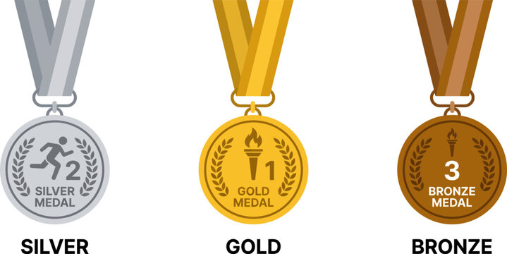 Gold silver and bronze olympic medals for first second and third place winners