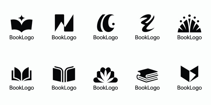 Set of ten creative book logo designs featuring abstract library education and literature symbols in black on white background.