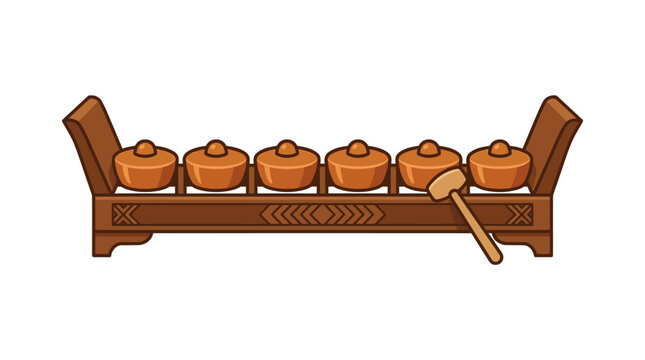 Bonang gamelan instrument with mallet on white.