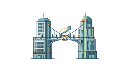 Fototapeta premium Business partnership metaphor showing handshake between skyscraper bridges.