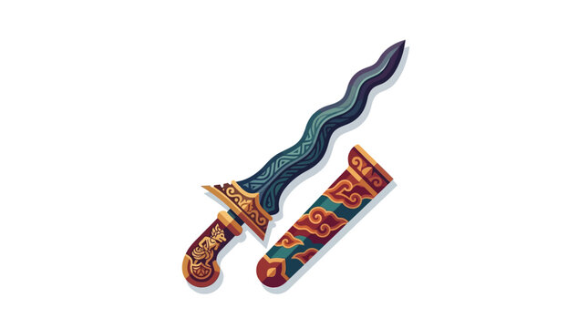 Ceremonial Indonesian kris dagger with ornate wooden scabbard.