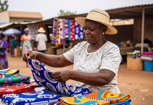 African Woman Selling Colorful Fabrics in Accra Market