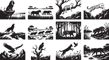 Wild Predators and Big Cats Nature Landscape Silhouette Vector Set © Syed Radif