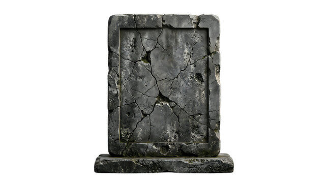Ancient cracked stone tablet with weathered inscriptions and rugged textures on a dark background emphasizing history and decay