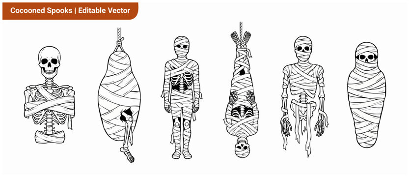 Mummy skeleton vector Halloween spooky set of wrapped dead body cocoons hanging upside down for horror party graphic design element, scary line art illustration of creepy skulls and bones horror clip.