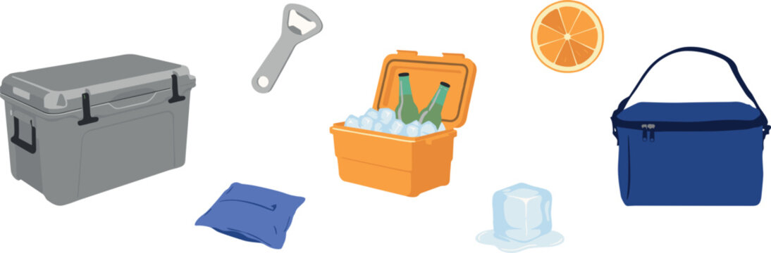 Summer picnic cooler box set with ice portable thermal bag beer bottle opener and orange vector