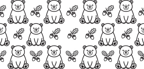 Cute teddy bear and acorn seamless pattern line art background © Vistara Studio