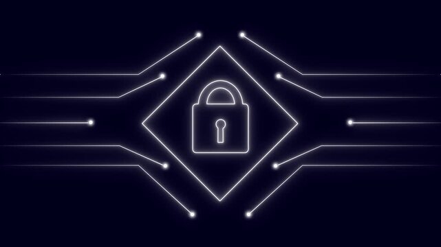 Security padlock animation grids digital neon circuit boards. Protective security padlock animation flashes lock paths. Cyber security padlock animation loops internet files.