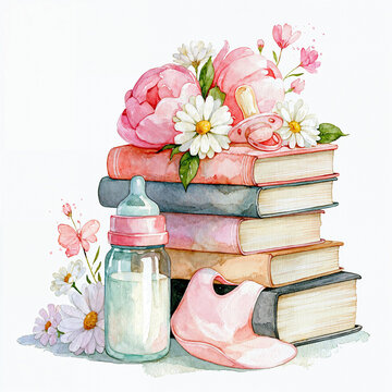 Watercolor baby shower still life with pink peonies, daisies, a stack of books, baby bottle, pacifier and bib on a white background