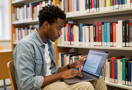 African American student analyzing market trends in university library