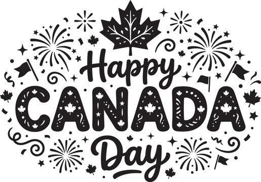 Happy canada day typography design with maple leaf and fireworks