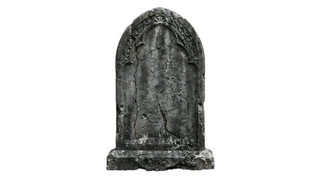 Ancient weathered stone monument with intricate carvings and cracked surface set against a stark black background emphasizing