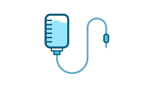 Intravenous saline solution bag with tube animation isolated on white background