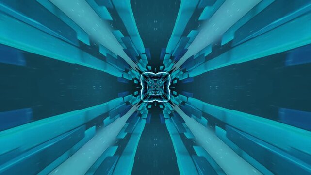 Vibrant kaleidoscope blue abstract tech corridor changing shape in seamless loop motion background.