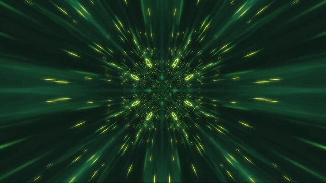 Symmetrical digital green loop tunnel with beautiful glowing flower laser patterns moving forward.