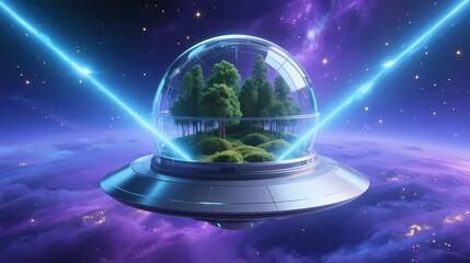 Fototapeta premium Silver ufo carrying green plants in space
