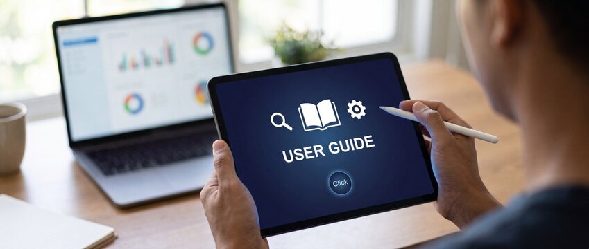 Person holding tablet with user guide on screen