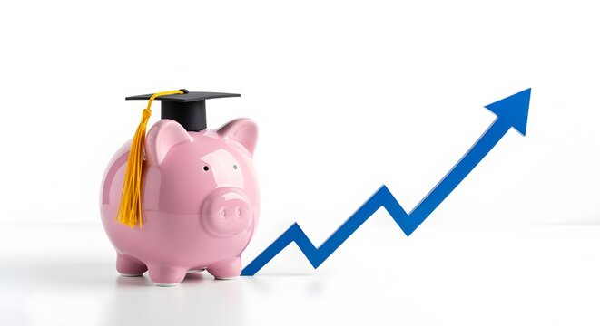 A piggy bank wearing a tiny graduation cap, next to a graph arrow trending upwards, on white.