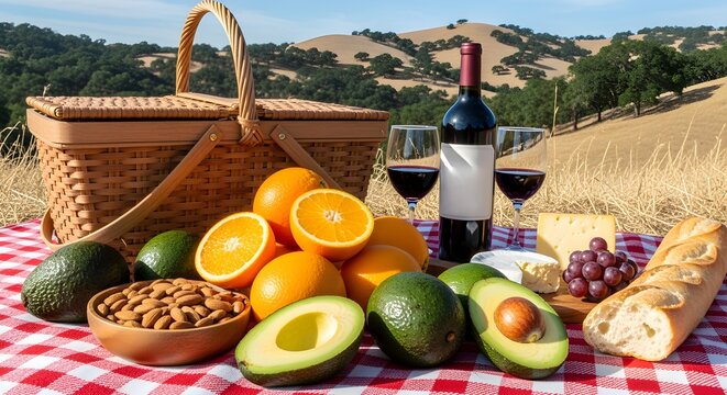 A picnic with California produce: avocados, almonds, oranges, and a bottle of local wine.
