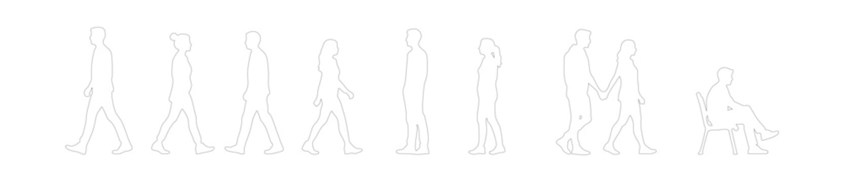 CAD human interaction section line drawing, side view people greeting conversation sitting and standing for architecture landscape design vector illustration