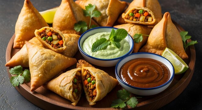 A platter of assorted samosas (vegetable, meat) with mint and tamarind chutneys for dipping.