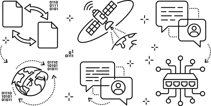 Global satellite communication and network telemetry line icon set featuring data transfer chatting bubbles and network switch