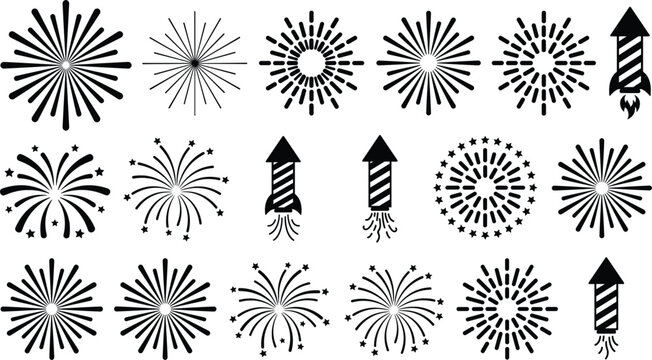 Festive Fireworks and Rocket Silhouette Vector Icon Set Featuring Various Starburst Sparkler Burst and Explosion Shapes for Celebration Layout Designs