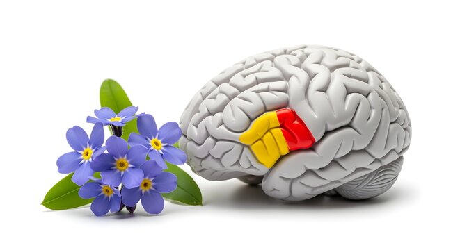 A purple forget-me-not flower and a human brain model with a section highlighted, on white.