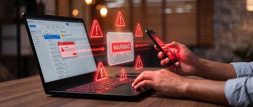 Person using laptop with warning signs indicating email phishing scam