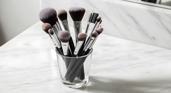 A pristine set of professional makeup brushes in a clear cup, on a white marble vanity.