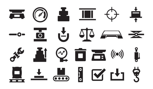 Industrial weighing and measurement tool icon set with measurement, industry