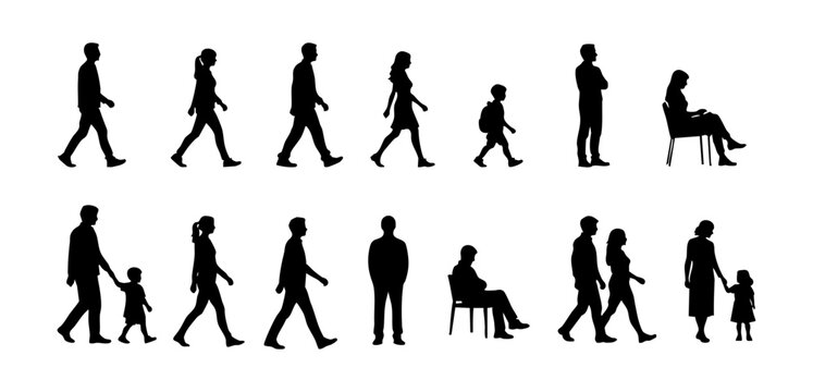 CAD people side view silhouette set, walking human figures family and seated person symbols for architecture landscape design vector illustration