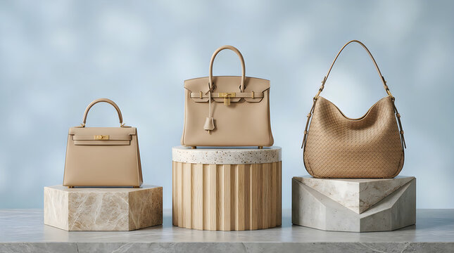 Luxury handbags collection beige leather totes and structured carriers display
