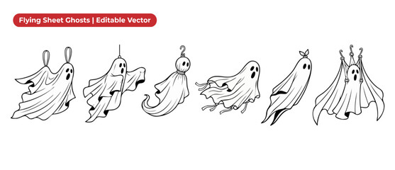 Naklejka premium Halloween ghost vector outline set cute flying sheet ghosts hanging spooky cartoon character design elements for autumn holiday decoration minimalist black line art illustration isolated on white wall