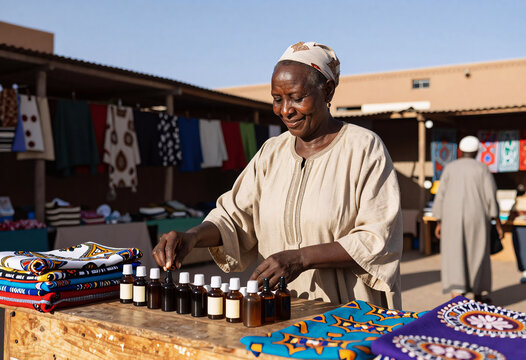 African Woman Selling Essential Oils in Moroccan Market