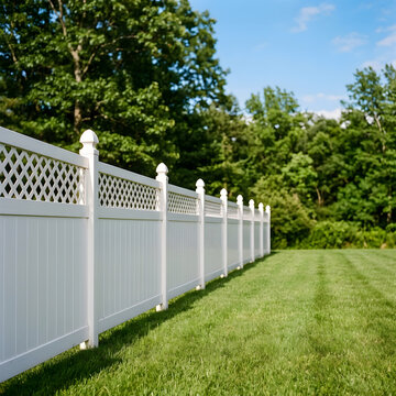 White vinyl privacy fence with decorative lattice top panels standing in a lush green backyard lawn