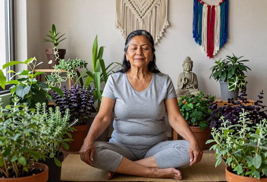 Latina Grandmother Meditating in Herbal Garden