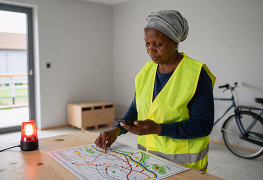 African Woman Checks Power Map During Outage