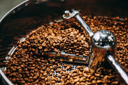 Coffee beans in a roaster.