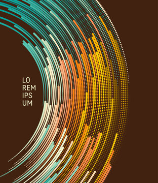 Vibrant curves swirl in concentric motion. Warm and colorful gradients. Dots smoothly transition through color tones. Movement conveys energy. Big data. Particle flow. Vector for cover, presentation.