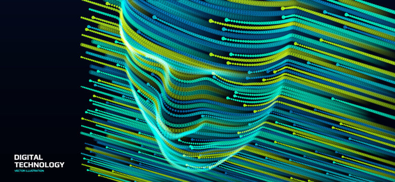 A face extruded from a surface. Dots form a human face or mask on the surface. The process of modeling, recognition, or scanning. Blue-green lines shimmer with dynamic movement and energy. Big data.
