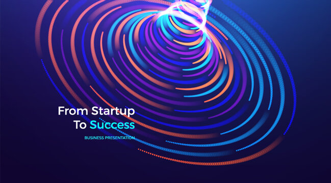 A swirling funnel of big data. Concept of moving to the next level toward a new goal. A vortex in neon colors and a glowing effect. A flow of ascending energy. Vector for poster, cover, presentation.