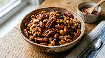 Fototapeta premium Delicious homemade granola with nuts and dried fruits in wooden bowl.
