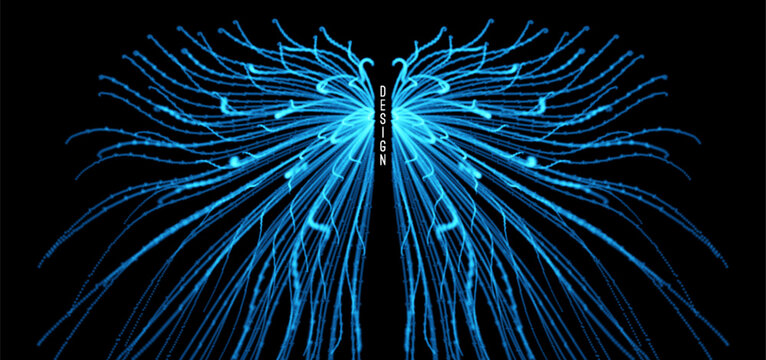 Point explode. Array with dynamic emitted particles. 3d technology style. Abstract background. Vector illustration for brochure, poster, cover, card, presentation, flyer or banner.
